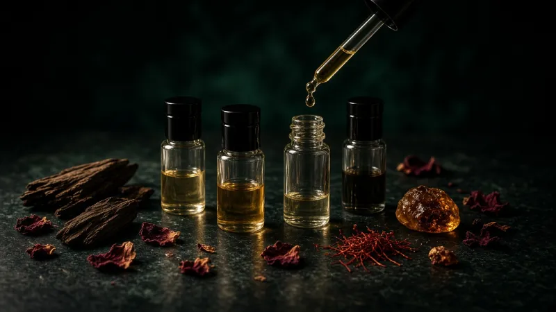 Glass vials of amber perfume oil and a dropper with oud wood, rose petals and saffron